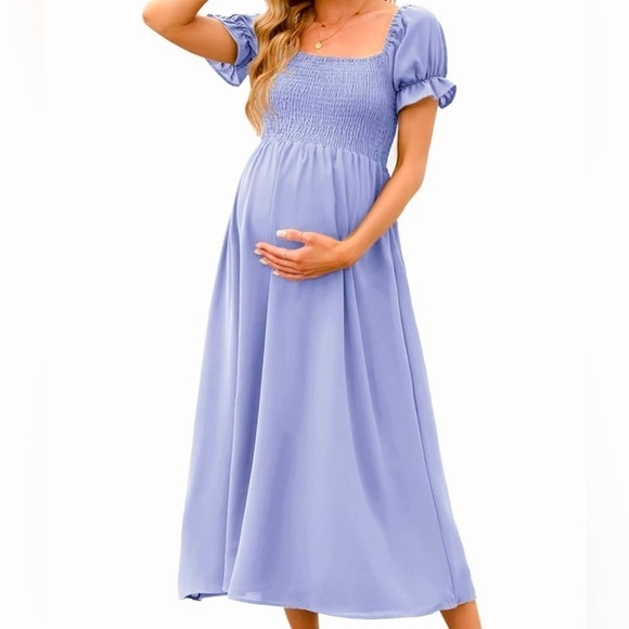 A-Line Smocked Square Neck Maxi Maternity Dress Puff Sleeves- Light Blue - Picture 1 of 8